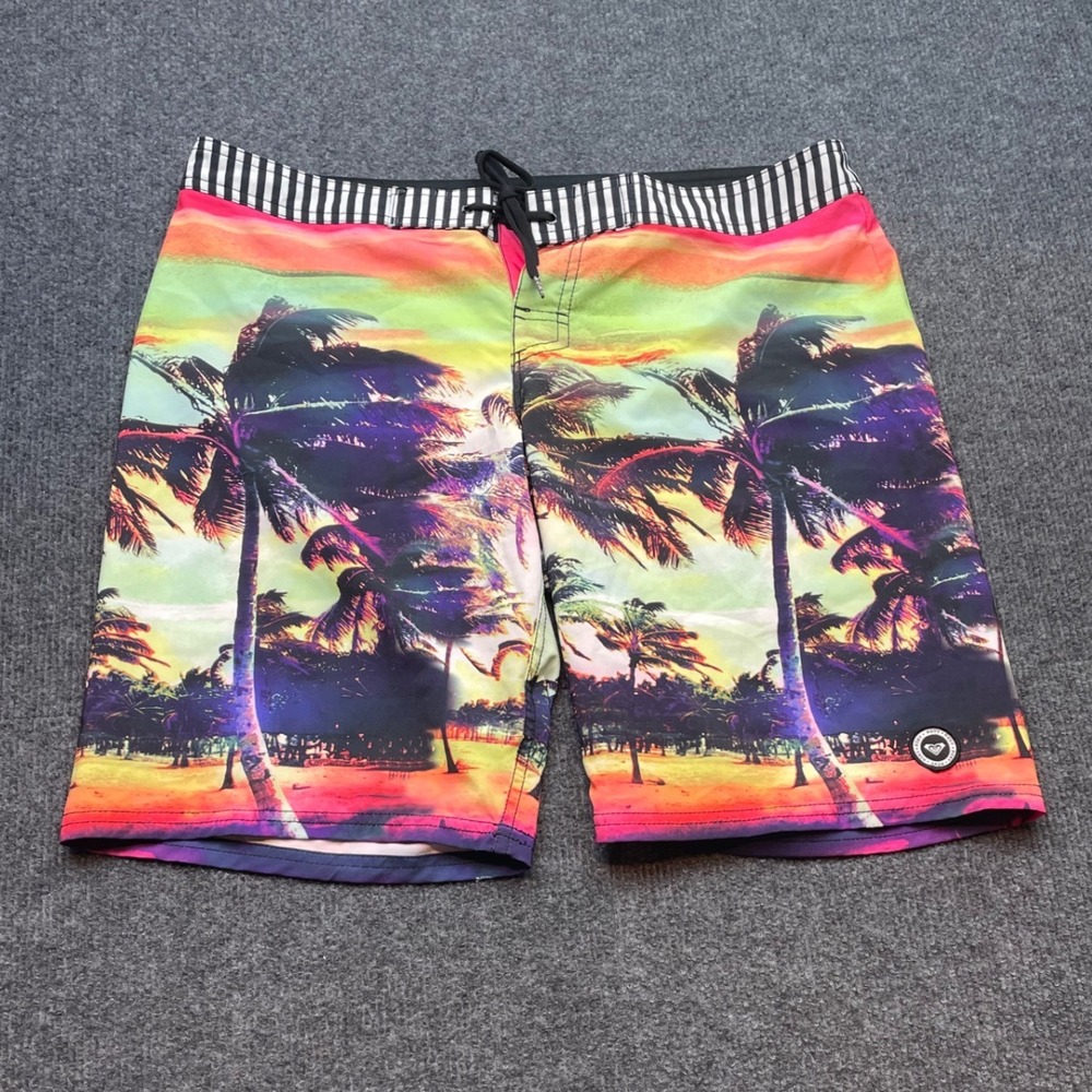 Roxy Board Shorts Womens Large Tropical Palm Tree Sunset Neon Striped Swimwear